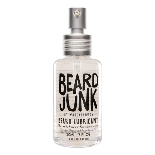 A small clear bottle with a spray cap labeled 'Beard Junk' beard lubricant, made in Sweden.