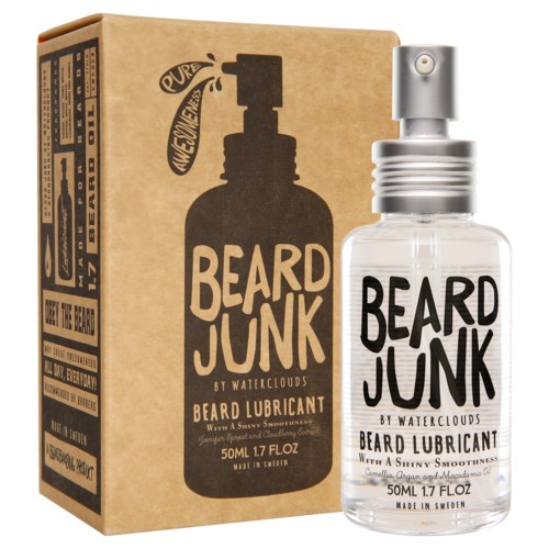 A clear spray bottle with a label reading 'Beard Junk by Waterclouds' and a brown cardboard box showing the same logo.