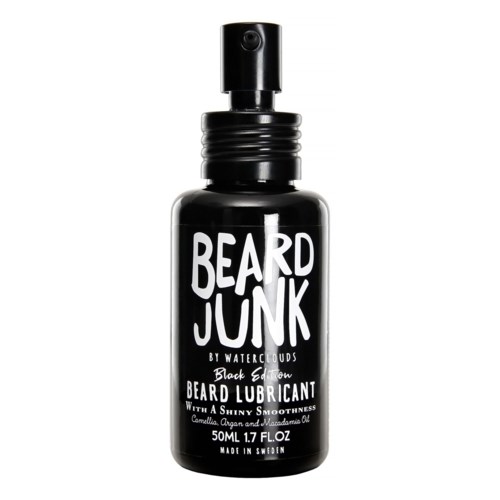 A black spray bottle labeled 'Beard Junk' with details about beard lubricant and smoothness, made in Sweden.