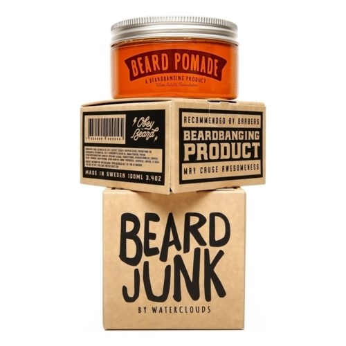 A jar of beard pomade, a cardboard box labeled for beard grooming, and a paper bag with 'BEARD JUNK' text.