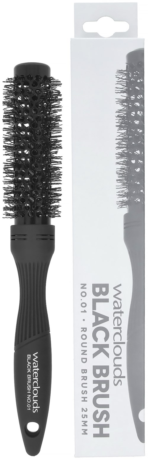 Eine runde Haarbürste mit schwarzem Griff und Borsten, verpackt in einer weißen Box mit WaterCloud Black Brush.