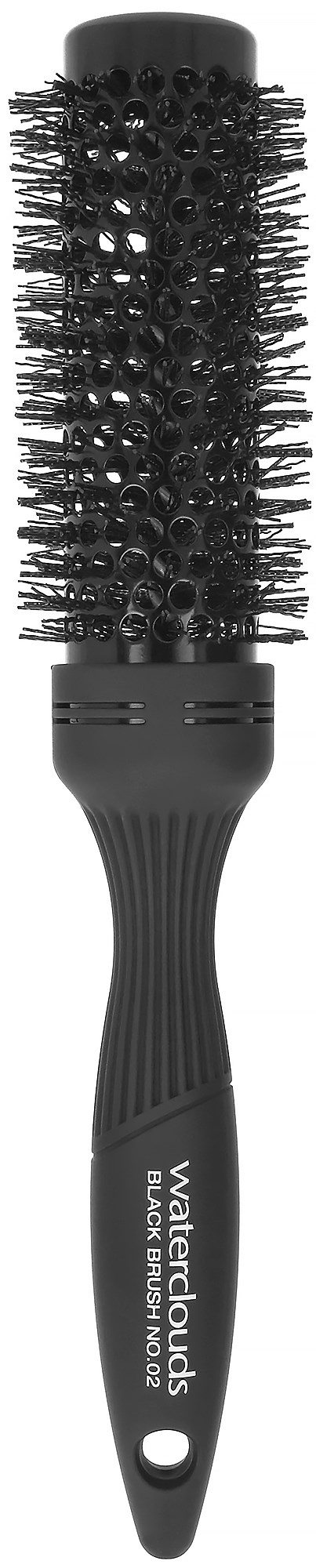 Ein schwarzer runder Haarbürste mit Griff, Borsten und belüftetem Zylinder, beschriftet WaterClous für Haartrocknen.
