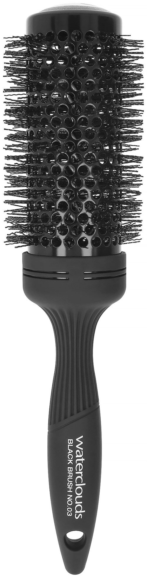 Eine schwarze runde Haarbürste mit Borsten und Griff, beschriftet "Waterclouds Blue Cross Hair Brush 1001."