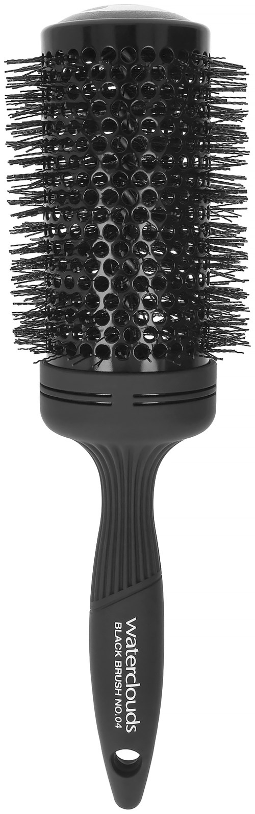 Eine schwarze runde Haarbürste mit Griff, Metallborsten und zylindrischer Form.
