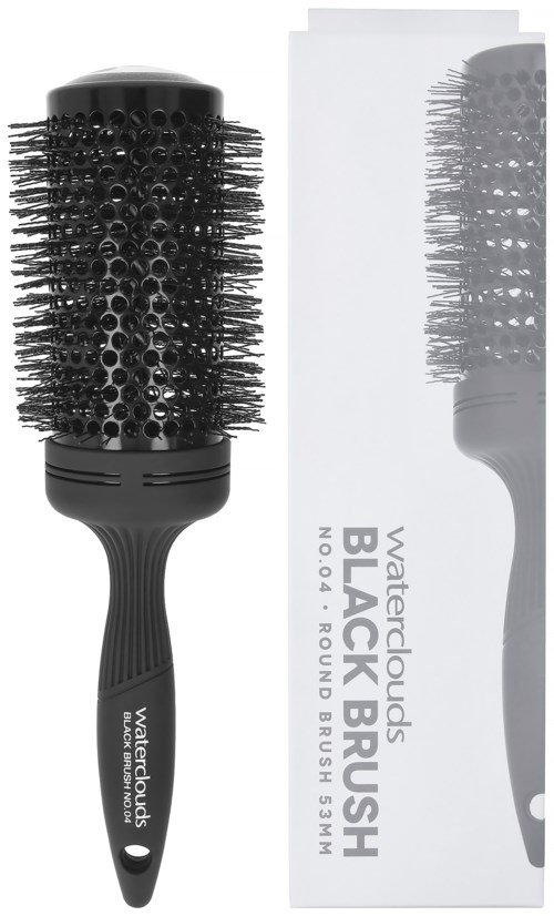 Eine schwarze runde Haarbürste mit Borsten, und die Schachtel zeigt Produktdetails und Marke Waterclouds.
