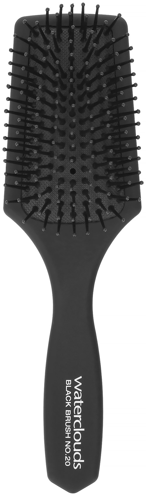 Eine schwarze Haarbürste mit Borsten und Griff, beschriftet 'Waterclouds Black Brush N.20'.