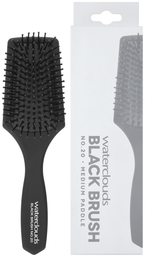 Eine schwarze Haarbürste mit Gummiborsten und Griff, neben einer weißen Schachtel mit der Aufschrift 'Waterclouds Black Brush' auf Englisch.