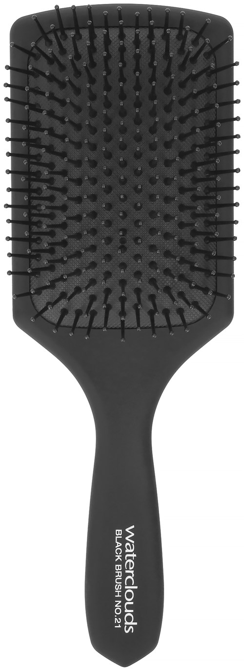 Eine schwarze Haarbürste mit großem rechteckigem Kopf und flexiblen Borsten. Der Griff hat weißen Text.