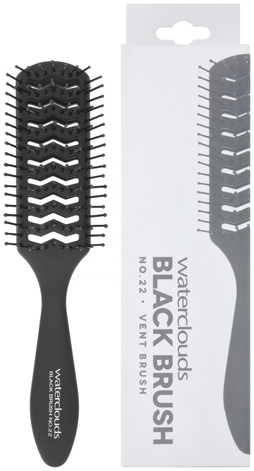 Eine schwarze Haarbürste mit gebogenem Design und langen Borsten, neben ihrer Verpackung mit "Waterclouds Black Brush" etiketti.