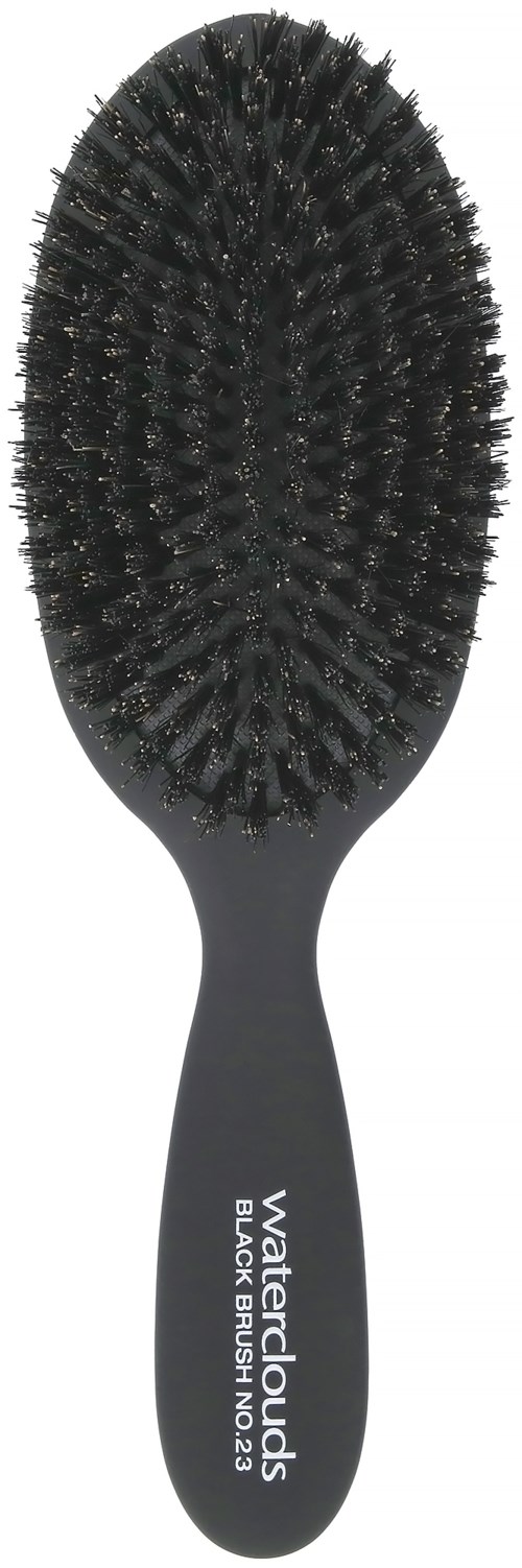 Zwarte haarborstel met zachte borstel, ovale vorm, handvat met tekst 'Waterclouds Black Brush No.23'.