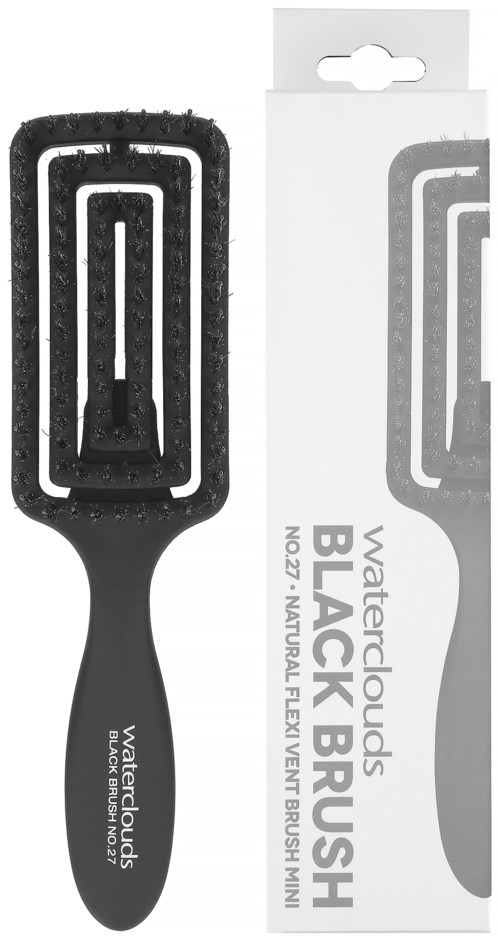 Een zwarte tandenborstel met een flexibel hoofd en bijpassende verpakking die zegt "Waterclouds Black Brush".