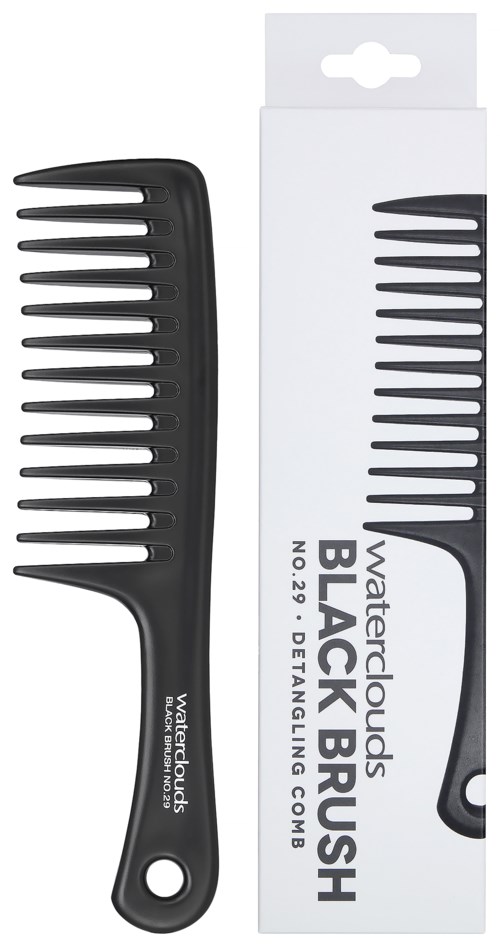 En svart hårkam med handtag, bredvid en vit box med texten Waterclouds Black Brush, som beskriver funktioner.