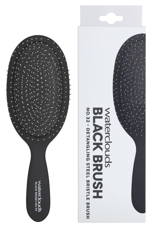 En svart stålbørste med håndtak, vist ved siden av esken sin, merket Waterclouds Black Brush No. 32 for detaljer.