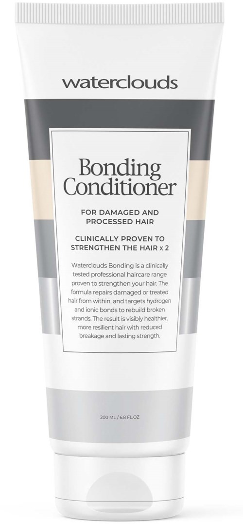 Een witte en zwarte tube Waterclouds Bonding Conditioner voor beschadigd haar, met productdetails erop. 