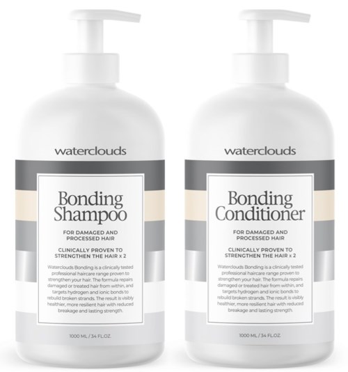 Twee witte flessen met grijze labels voor bonding shampoo en conditioner voor beschadigd haar.