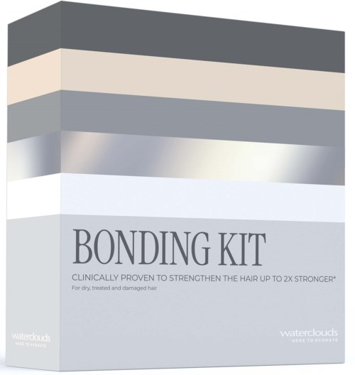 A box labeled Bonding Kit, waterclouds brand, designed for strengthening dry, damaged hair, with a silver, white, gray, and beige color scheme.