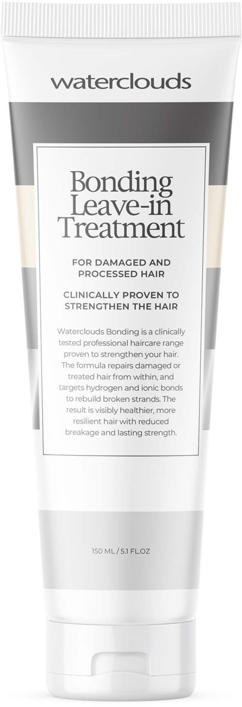 Eine weiße Tube mit grauem und schwarzem Text, beschriftet 'Waterclouds Bonding Leave-in Treatment' für geschädigtes Haar.