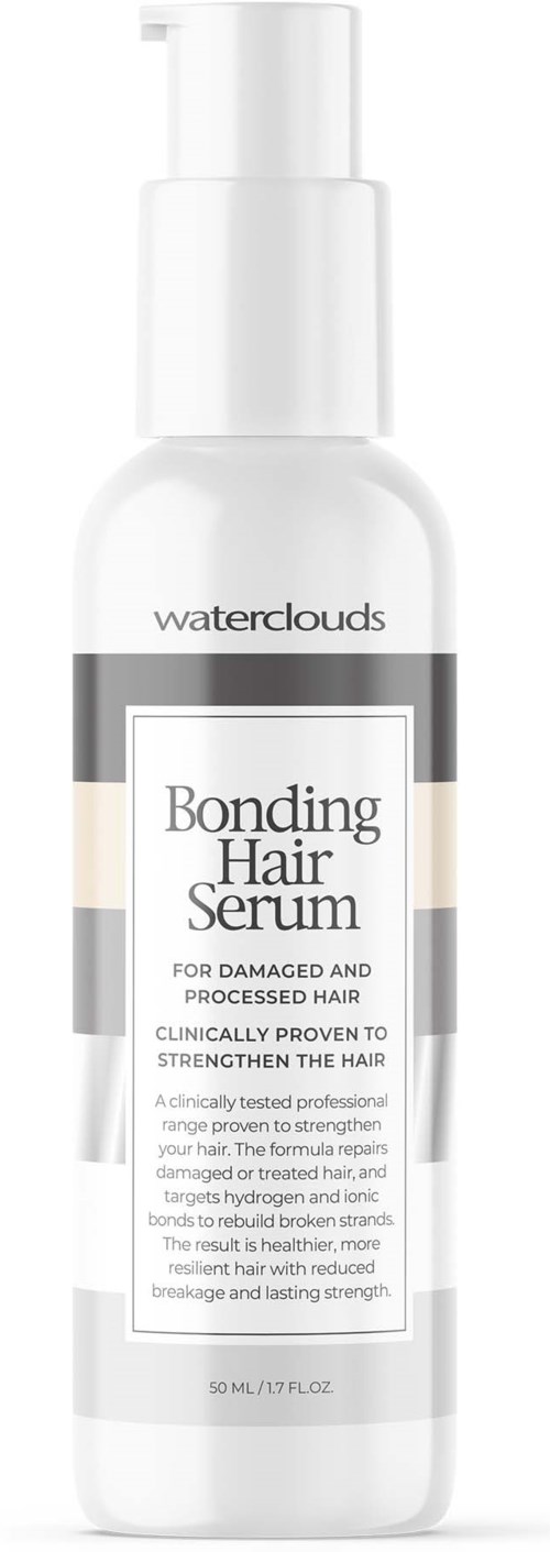 Een witte fles met pomp met label 'waterclouds Bonding Hair Serum' voor beschadigd haar. Het heeft zwarte en grijze tekst.