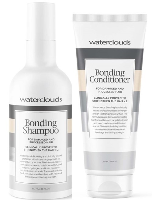 Twee haarzorgproducten: Bonding Shampoo en Bonding Conditioner, voor beschadigd haar en versterking.