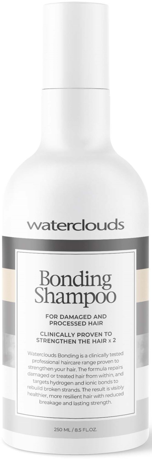 Eine weiße Flasche mit Waterclouds Bonding Shampoo für geschädigtes Haar, soll stärken und reparieren, klinisch getestet.
