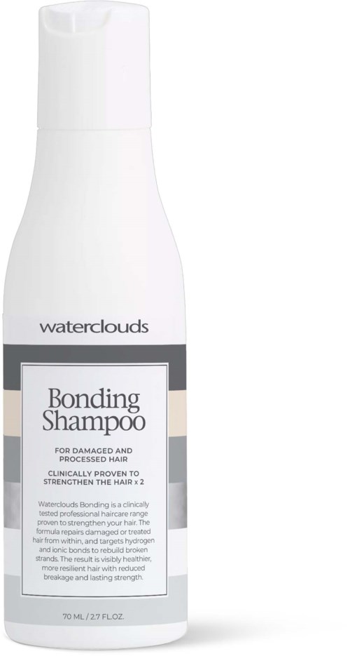 Een witte fles Waterclouds Bonding Shampoo voor beschadigd en behandeld haar, met een doseerdop en eenvoudige label.