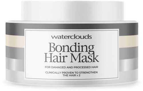 Een witte pot met grijze en beige strepen. Gelabeled 'waterclouds Bonding Hair Mask' voor beschadigd haar.