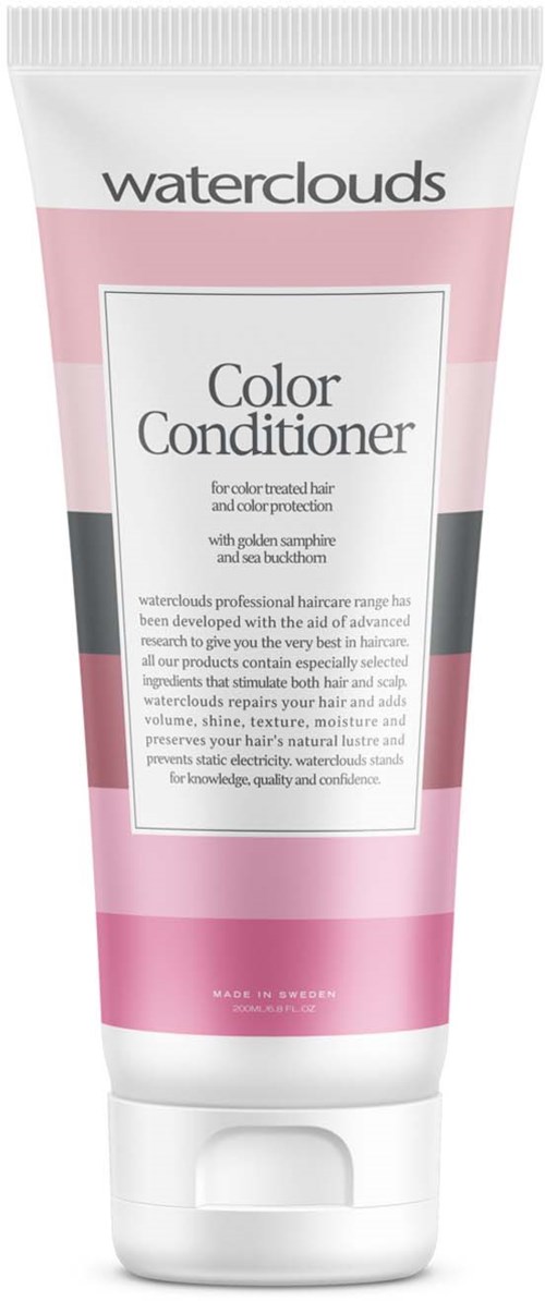 Een tube waterclouds kleurconditioner met roze en witte ontwerp en zwarte en zilveren accenten.