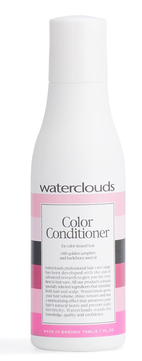 Een witte fles Waterclouds Color Conditioner met roze en zwarte strepen op het label.