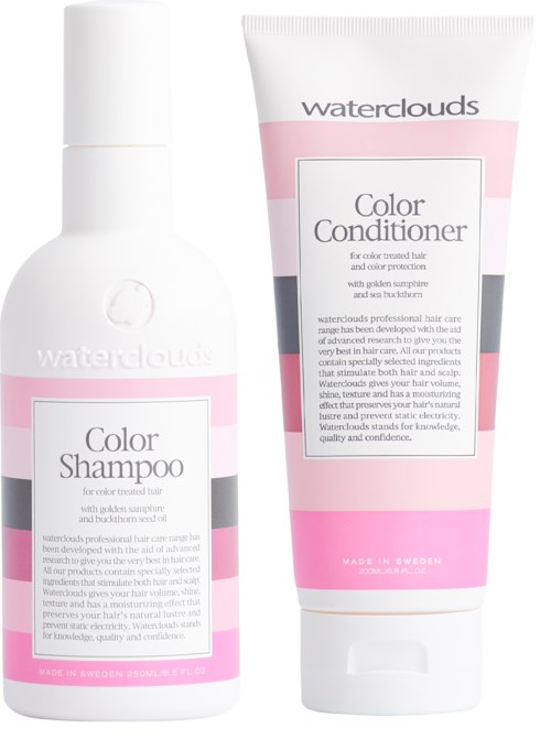 Twee haarverzorgingsproducten, een fles shampoo en een tube conditioner, beiden met 'waterclouds' en roze-witte ontwerp.