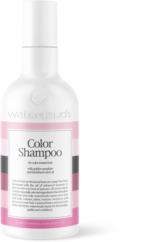 Een witte fles met roze, zwarte en grijze labels bevat Waterclouds Color Shampoo voor gekleurd haar.