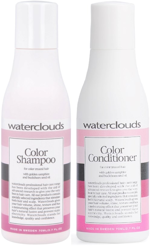 Twee witte flessen: één voor kleurschampoo, één voor kleurconditioner, met roze, zwart en wit etiket van Waterclouds.