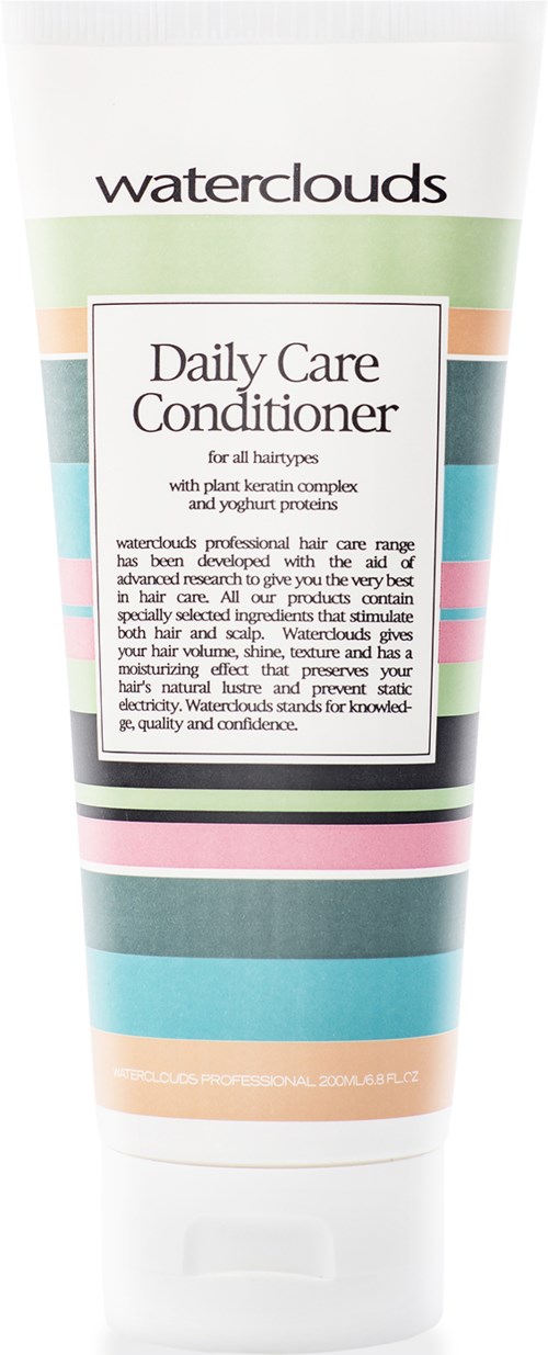 Een tube Waterclouds Daily Care Conditioner met kleurrijke horizontale strepen en een label voor haarverzorging.