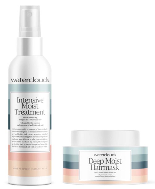 Twee huidverzorgingsproducten van Waterclouds: een sprayfles genaamd Intensive Moist Treatment en een pot genaamd Deep Moist Hairmask.