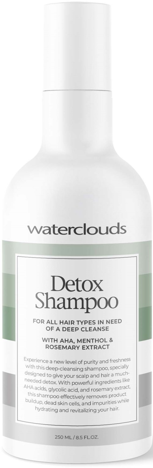 A bottle of Waterclouds Detox Shampoo for deep cleaning hair and scalp. It is white with green and black text.