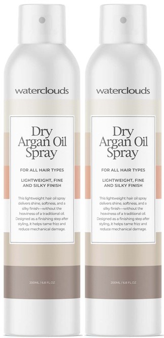 Zwei Wasserwolken Trockene Arganöl Spray sind zu sehen, geeignet für alle Haartypen, leicht, fein und seidiger.