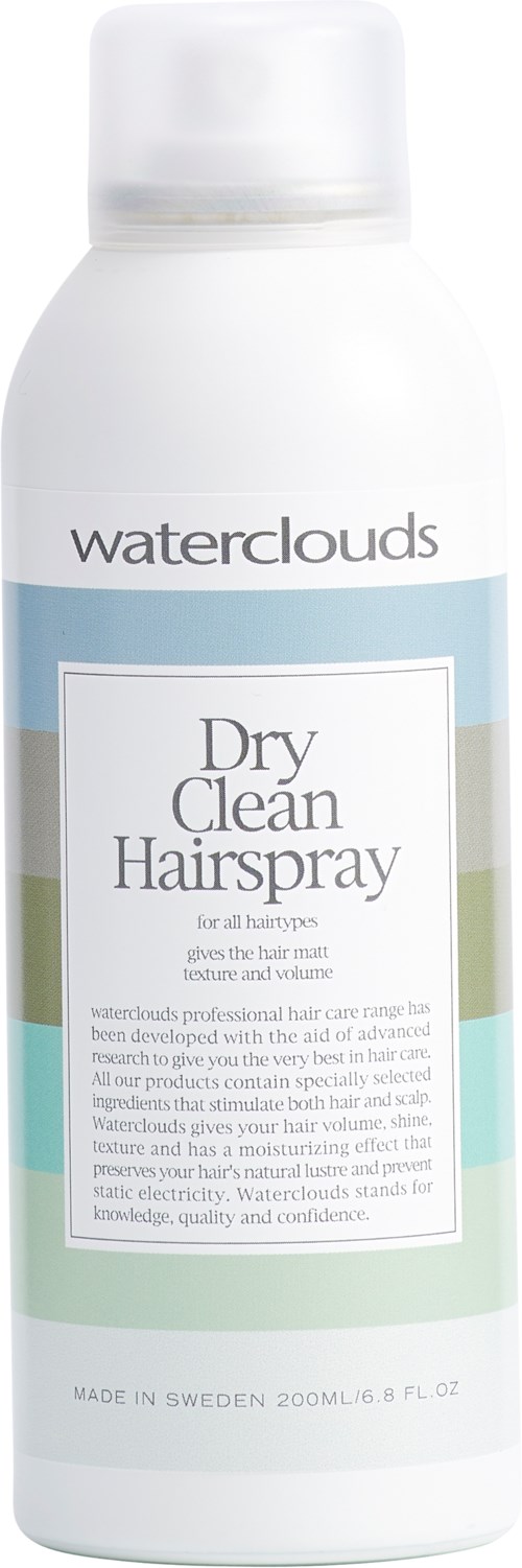 Eine weiße Flasche mit Wasserwolken Trockene Haarspray, 200 ml, hergestellt in Schweden, mit grünen und blauen Designelementen.