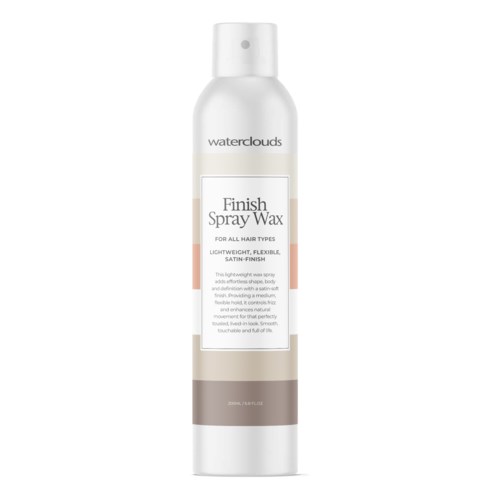 A bottle of Waterclouds Finish Spray Wax for all hair types with a lightweight, flexible, satin finish.