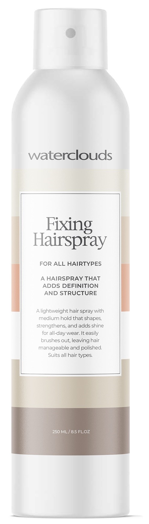 Een witte sprayfles met label 'Waterclouds Fixing Hairspray' voor alle haartypes, belooft glans en hold.