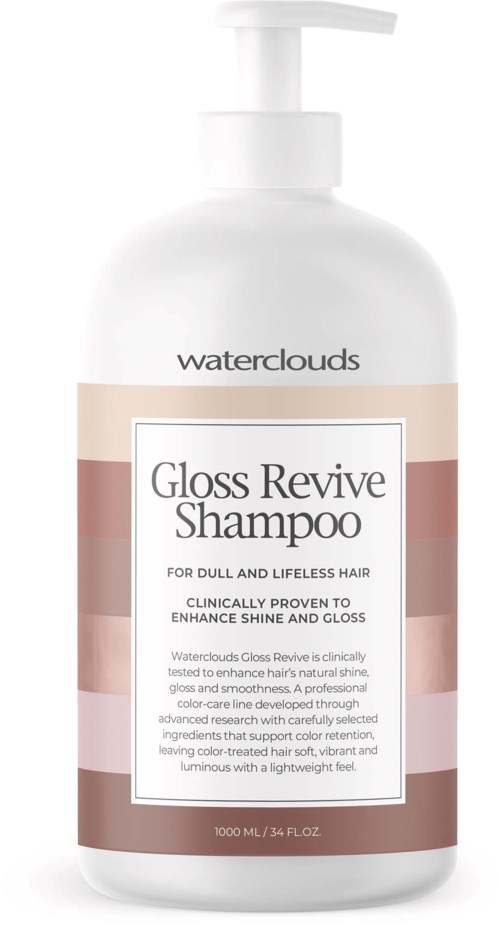 Vit schampoflaska med pump, etiketten säger Waterclouds Gloss Revive Shampoo för glanslöst hår, 1000 ml.