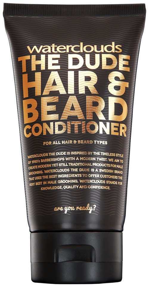 A black tube labeled Waterclouds The Dude Hair & Beard Conditioner, suitable for all hair and beard types.