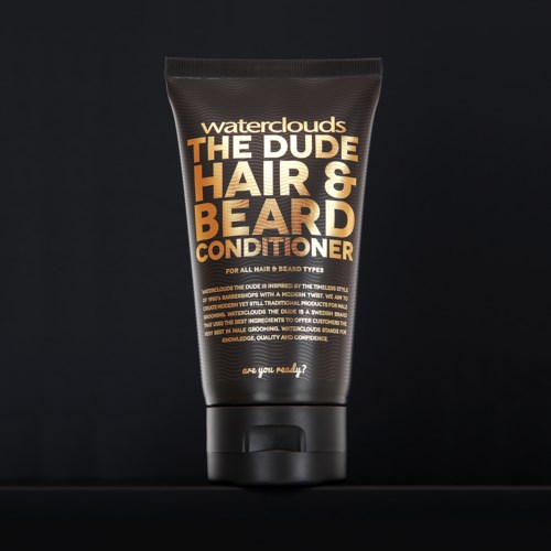 Tube of hair and beard conditioner with black background and bold text.