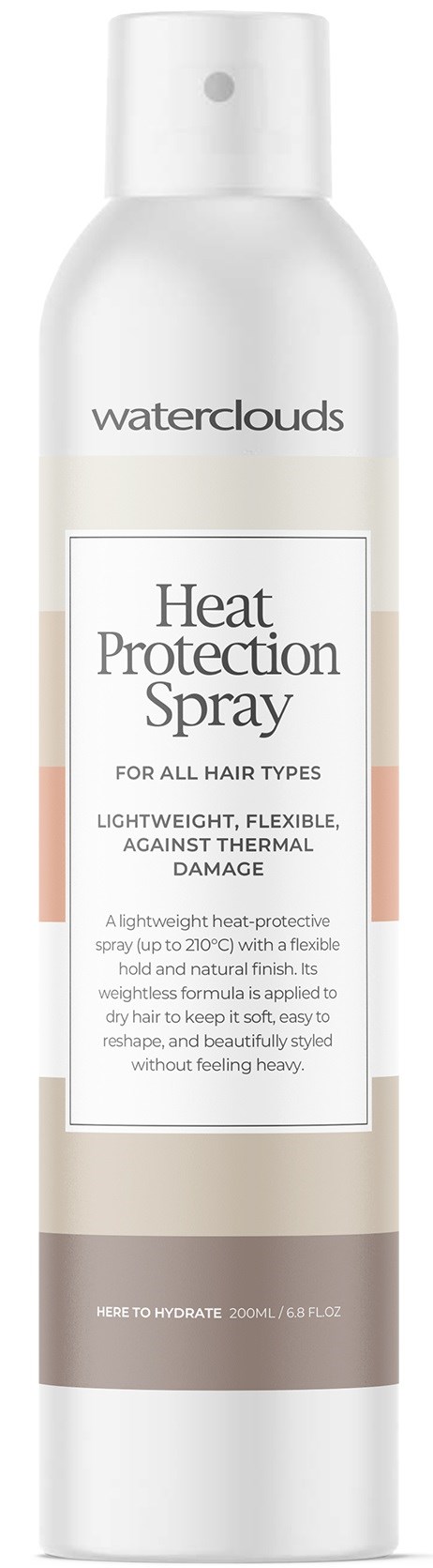 A white spray bottle labeled 'Waterclouds Heat Protection Spray' for all hair types.
