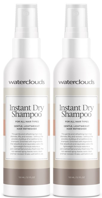 Twee flessen Waterclouds Instant Dry Shampoo voor alle haartypes, mild en licht.