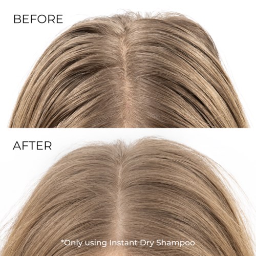 Twee afbeeldingen tonen haar voor en na het gebruik van droogshampoo, haar ziet er frisser en minder vet uit.