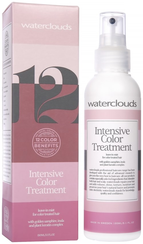 En rosa og hvit flaske og eske med Waterclouds Intensive Color Treatment hårprodukt.