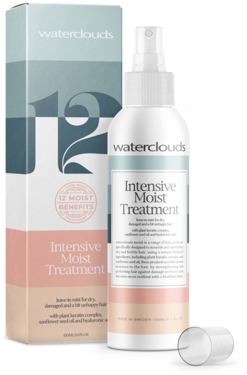 Een sprayfles en doos met Waterclouds Intensive Moisture Treatment voor haar, met een sproeikop en een doorzichtige dop.