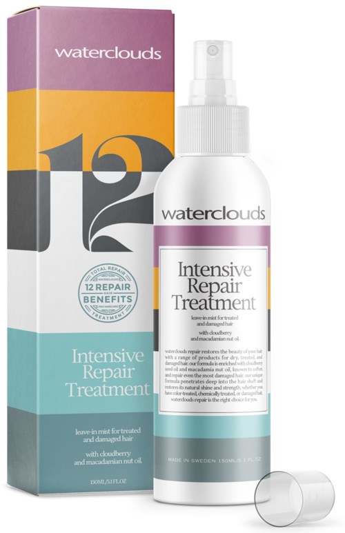 A hair treatment spray in a white bottle with a spray nozzle, next to a colorful box labeled 'Waterclouds'.