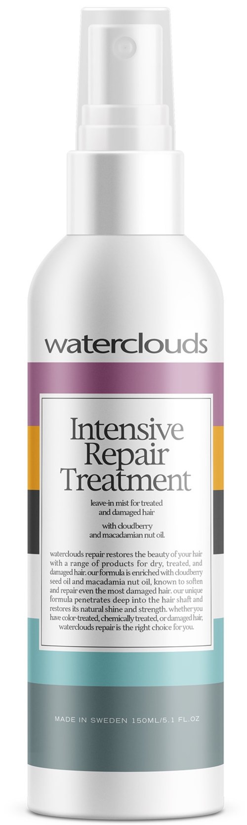A white bottle with a spray nozzle contains Waterclouds Intensive Repair Treatment. It has colorful horizontal stripes and detailed text.