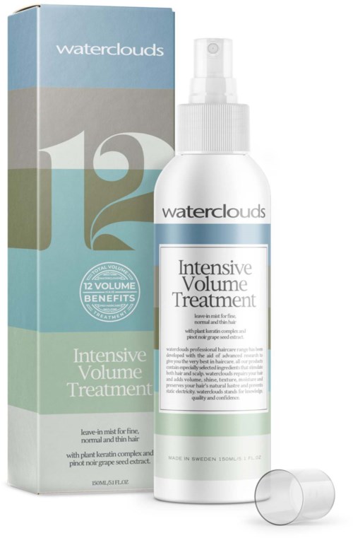 Haarbehandelenspray en doos met blauw, groen en wit ontwerp, gemarkeerd voor intensieve volumebehandeling.