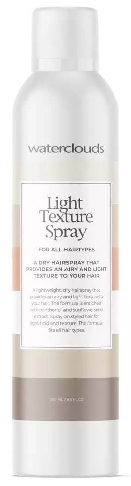 Eine weiße Sprühflasche mit Waterclouds Light Texture Spray für alle Haartypen, verleiht leichte, luftige Textur.